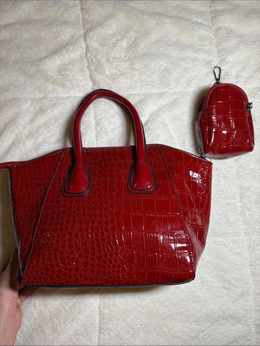 Red Croc-Embossed Bag with Matching Pouch